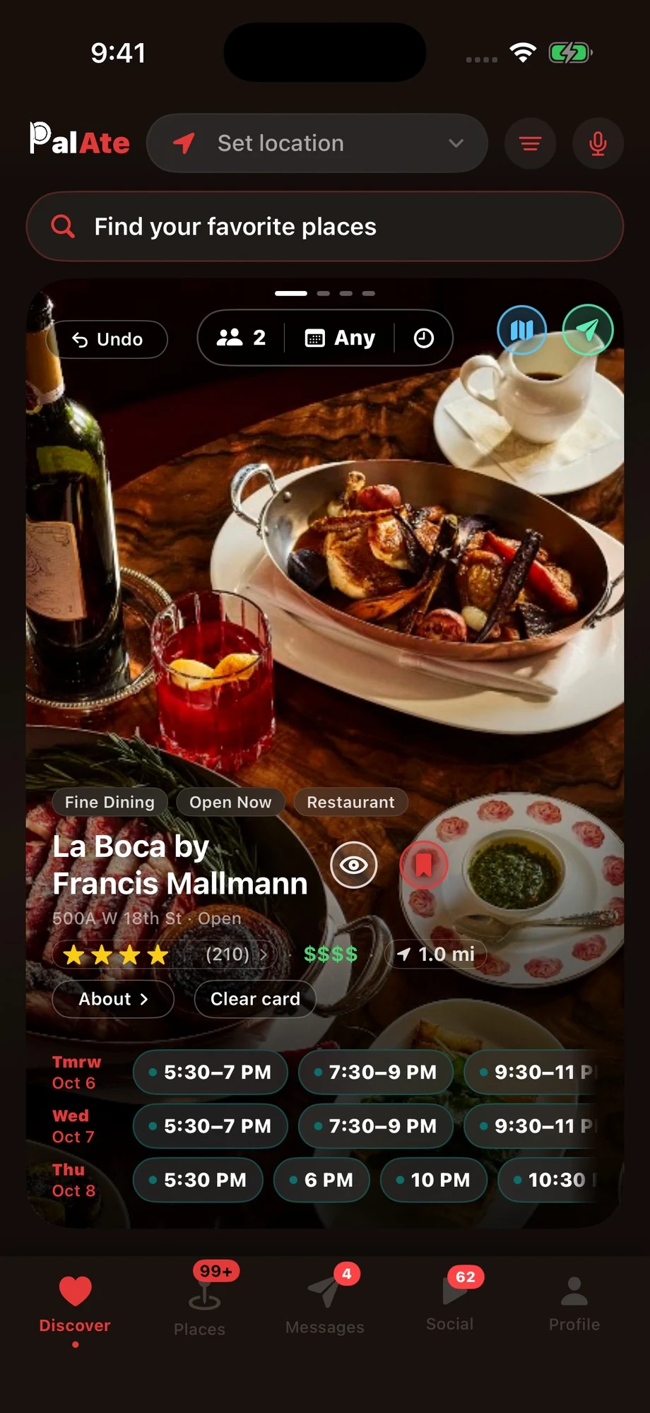 The PalAte Discover screen: La Boca by Francis Mallmann, with its photo, rating, and open reservation times for the next three days.