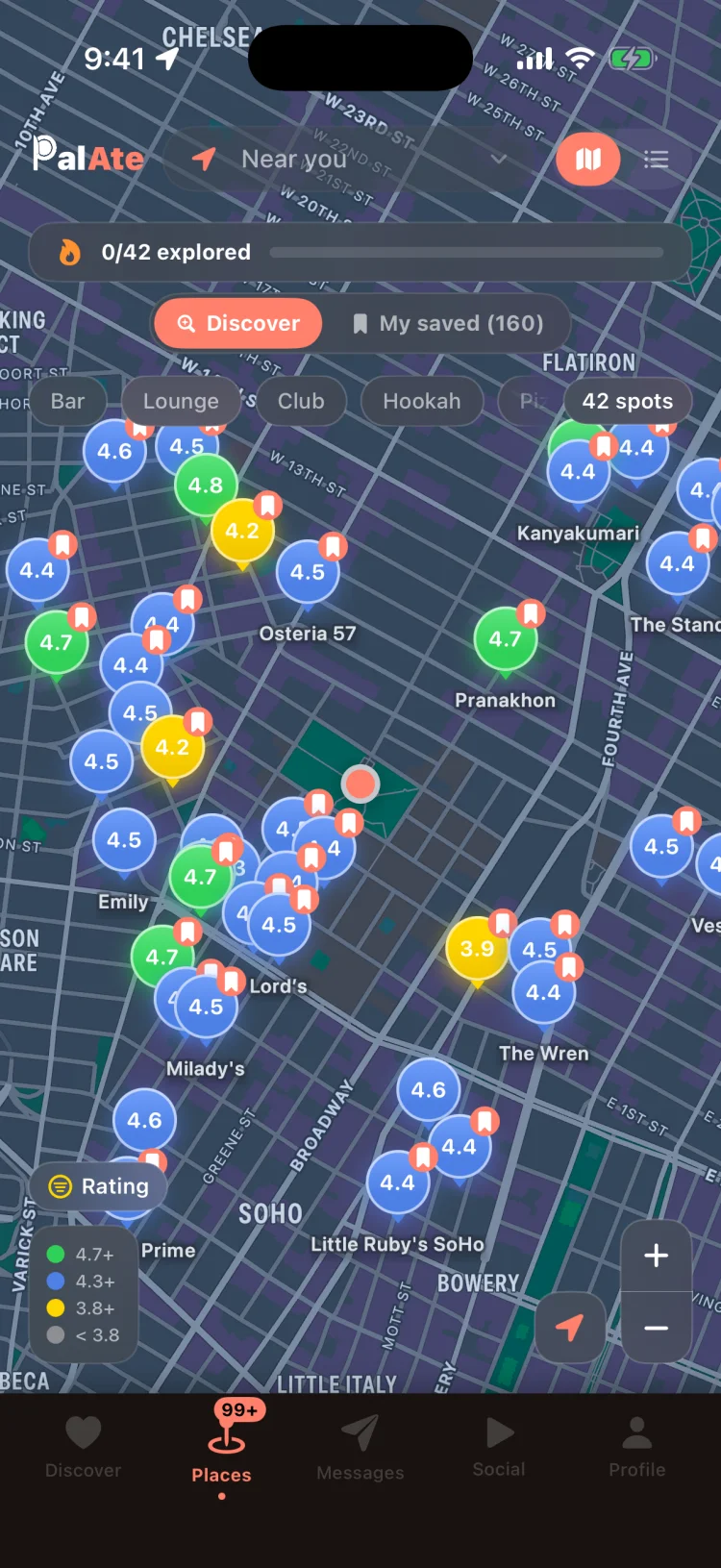 PalAte map over Greenwich Village — 42 rated spots color-coded by score
