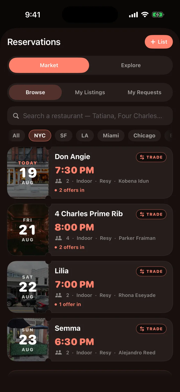 The Trade Reservations board in PalAte — NYC tables up for trade, one marked Today